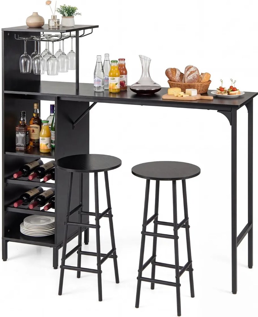 Conjunto mesa 120 x 40 x 120 cm e 2 cadeiras de bar, mesa e bancos industriais com suportes para copos, estantes para sala de jantar e cozinha, preto