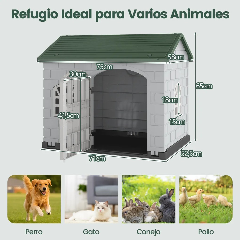 Casota de plástico para cães com 3 janelas e porta com fechadura, telhado inclinado, para interior e exterior, 75 x 58 x 65 cm, verde