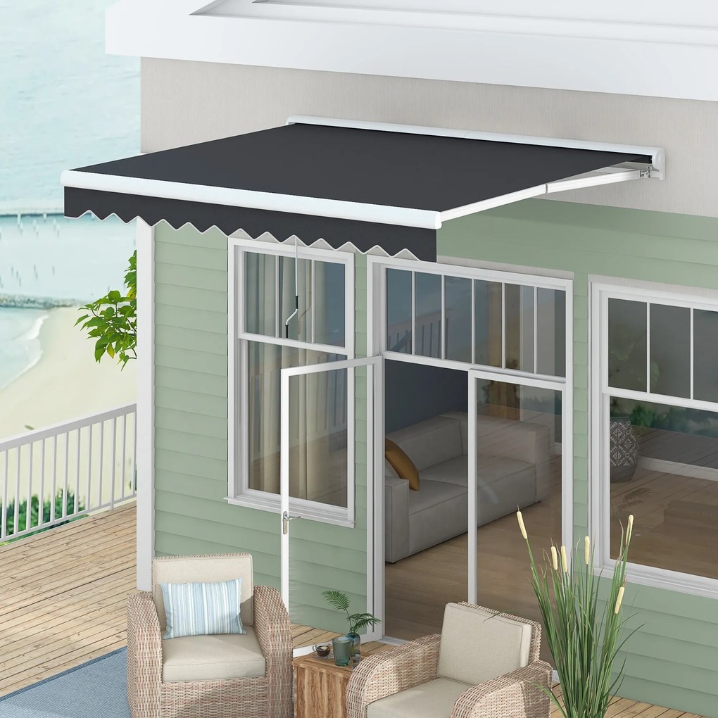 Toldo elétrico e manual retrátil, dimensões: 295 L x 250 L cm, com comando à distância incluído, em alumínio. Poliéster de alta densidade, cinzento