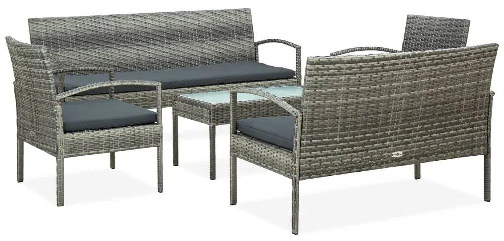 5 pcs conjunto lounge de jardim c/ almofadões vime PE cinzento