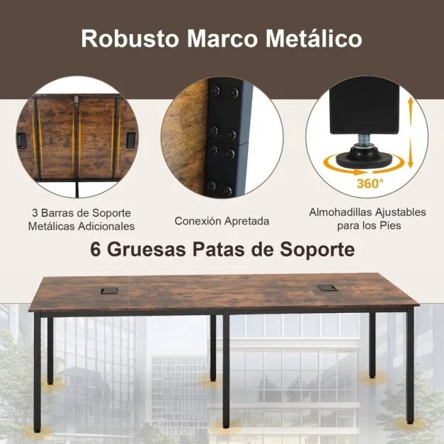 Mesa de reunião 240 x 120 cm retangular para 10 pessoas Secretária com 2 passas-cabos Escritório Sala de reuniões Castanho e preto