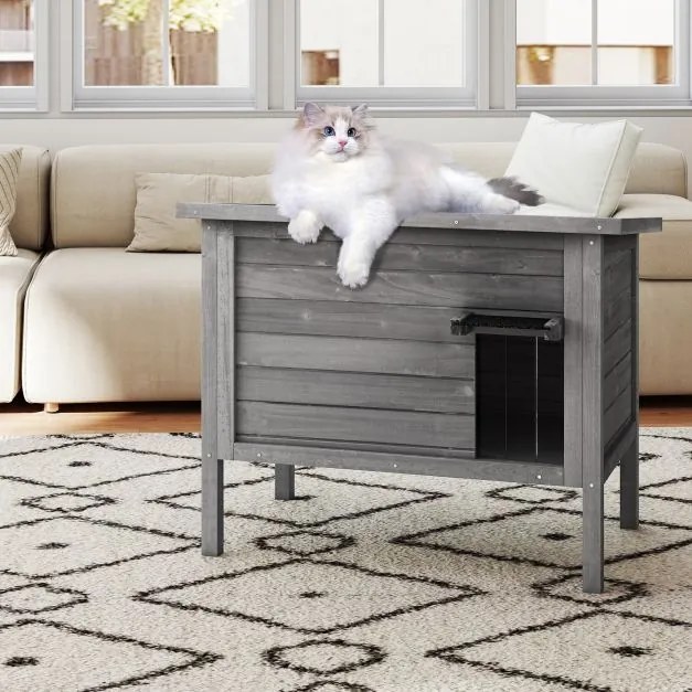 Casa para gatos de madeira para inverno ao ar livre com isolamento de espuma e telhado cinzento