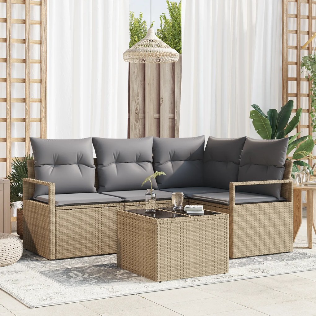 Conjunto de Sofá de Jardim vidaXL 5 Peças com Almofadas Vime Sintético