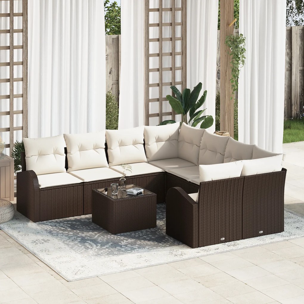 Conjunto de Sofá de Jardim vidaXL 9 Peças com Almofadas Castanho Polyr