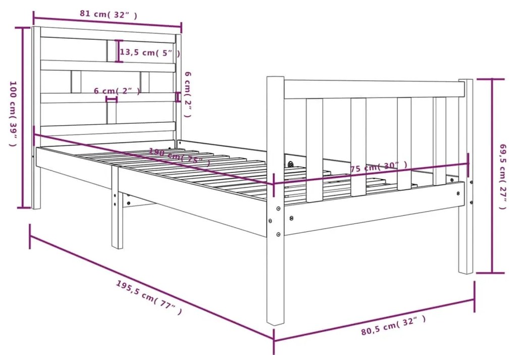 Estrutura de cama pequena solteiro 75x190cm pinho maciço branco