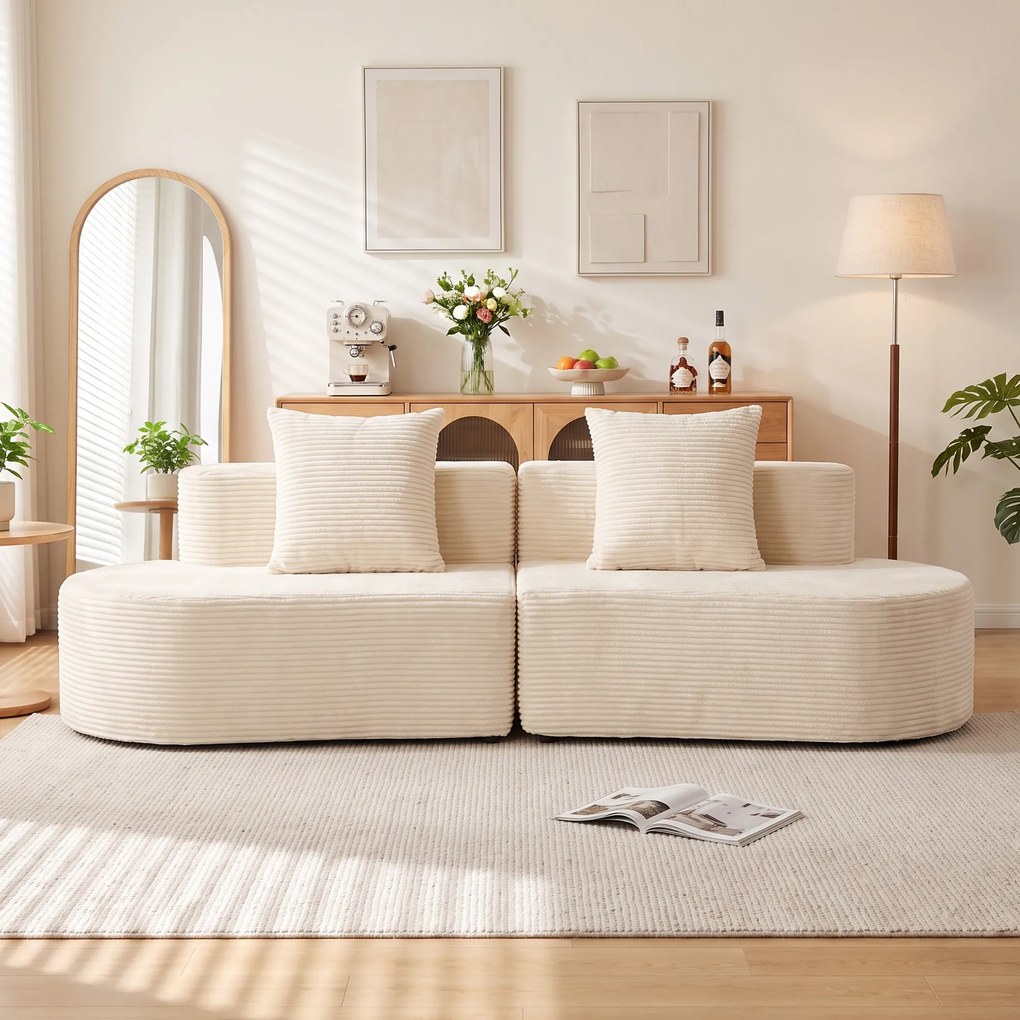 Sofá Curvo de 3 Lugares, 245 x 86 x 82 cm, Design Modular, Creme