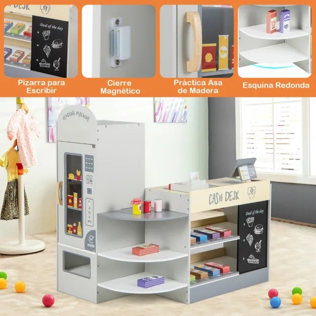 Supermercado de madeira para crianças com caixa registadora e máquina de venda automática POS para crianças dos 3 aos 8 anos de idade Cinzento