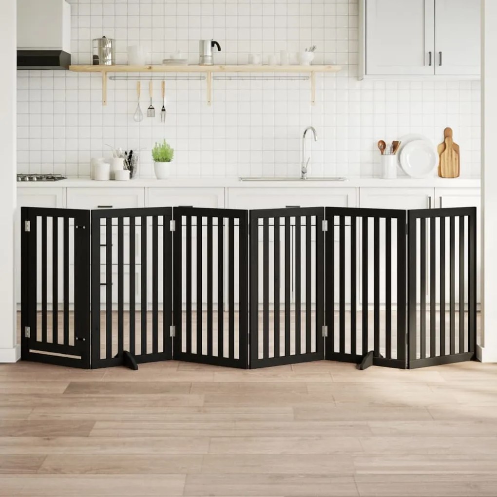 vidaXL Portão p/ cães com porta dobrável 6 painéis 300 cm álamo preto