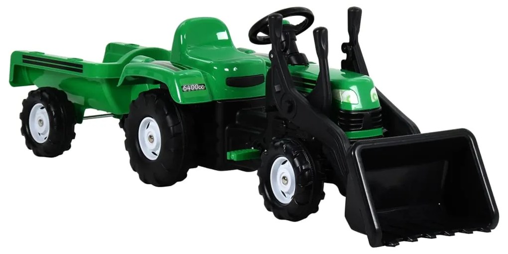 vidaXL Trator de pedais infantil com reboque/carregadora verde/preto