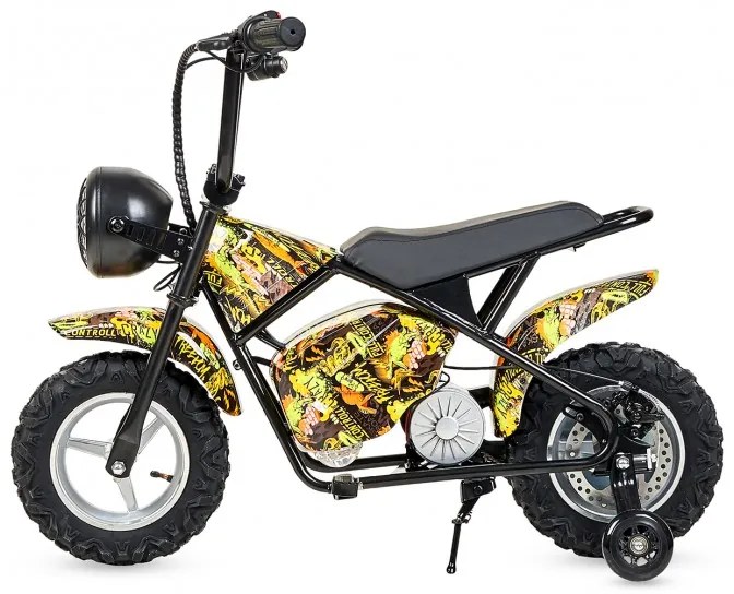 Mini moto eléctrica 300W 36V para crianças +5 anos, até 70Kg inclui 1 par de rodas Amarela Dragão