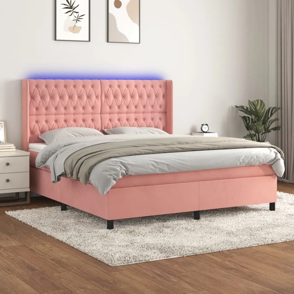 Cama box spring c/ colchão/LED 160x200 cm veludo rosa