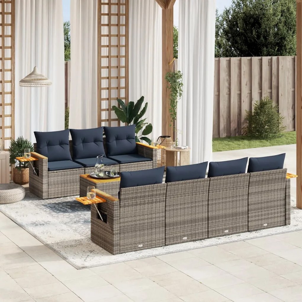 8 pcs conjunto sofás p/ jardim c/ almofadões vime PE cinzento