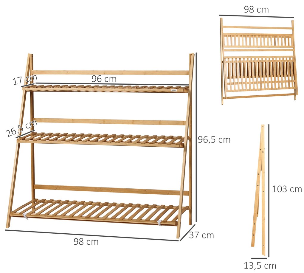 Suporte para Plantas de 3 Níveis de Bambu Suporte para Flores Dobrável para Interior e Exterior 98x37x96,5cm Madeira