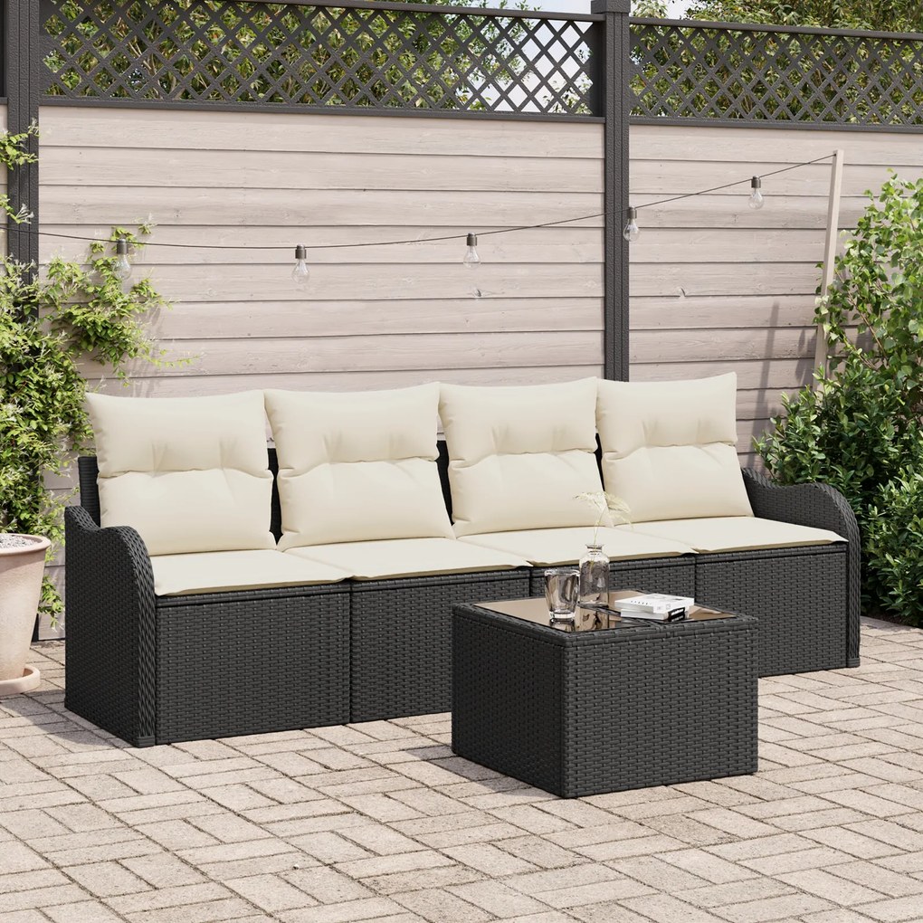 Conjunto de Sofá de Jardim vidaXL de 5 Peças com Almofadas Preto em Po