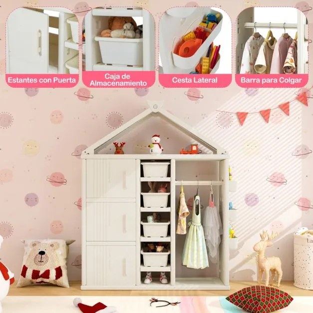 Guarda roupa para crianças, infantil 130 x 34 x 156 cm com caixa, prateleiras e cesto lateral Branco