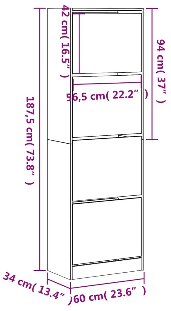 Sapateira c/ 4 gavetas articuladas 60x34x187,5 cm cinza sonoma