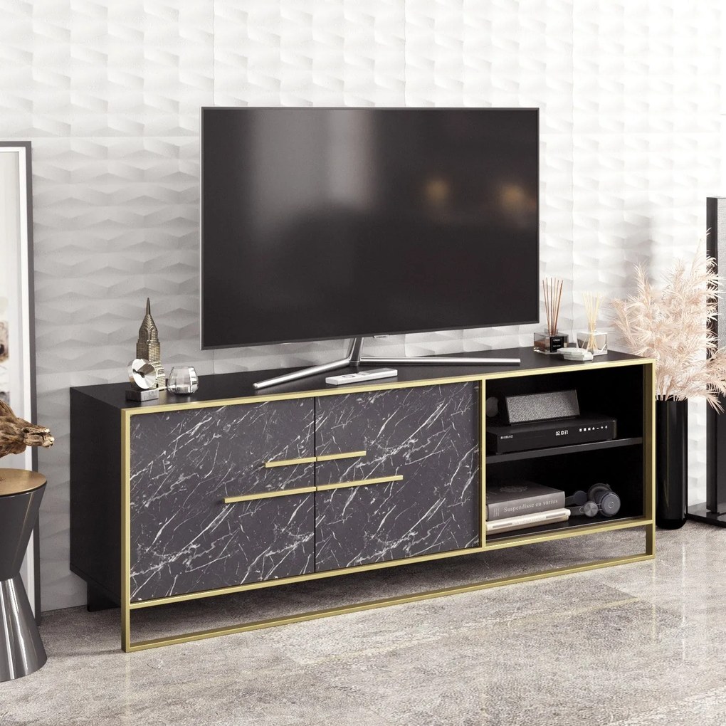 Móvel de TV SIENA em Mármore Preto com 2 Portas e Base Dourada – 160x3