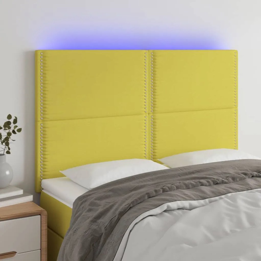 vidaXL Cabeceira cama c/ LED tecido 144x5x118/128 cm verde