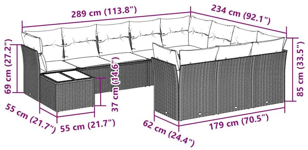 11 pcs conjunto sofás de jardim c/ almofadões vime PE cinzento