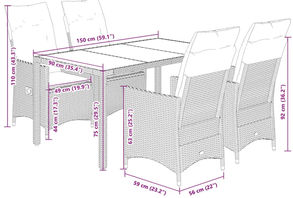 5 pcs conjunto de jantar p/ jardim com almofadões vime PE bege