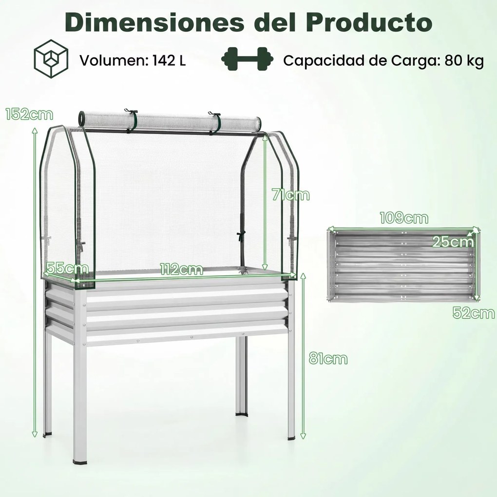 Floreira elevada com estufa 112 x 55 x 152 cm, canteiro de jardim em metal galvanizado com cobertura de proteção e porta enrolável para pátio, terraço