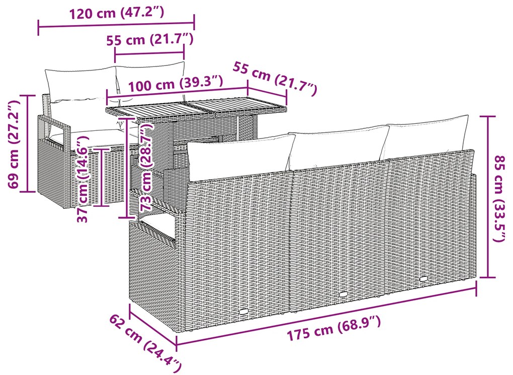 Conjunto de Sofá de Jardim vidaXL 6 Peças com Almofadas Preto Rattan P