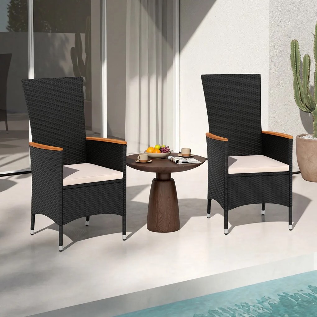 Conjunto de 2 cadeiras de jardim em rattan com encosto alto (MESA NÃO INCLUIDA), braços em madeira de acácia e almofada macia para terraço, alpendre o
