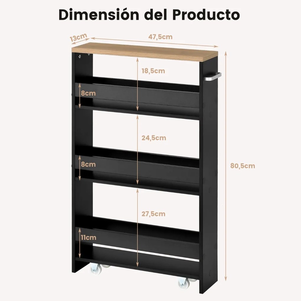 Carrinho de Cozinha armazenamento estreito com 4 prateleiras e organizador móvel economiza espaço para banheiro 48 x 12,5 x 81 cm preto e natural