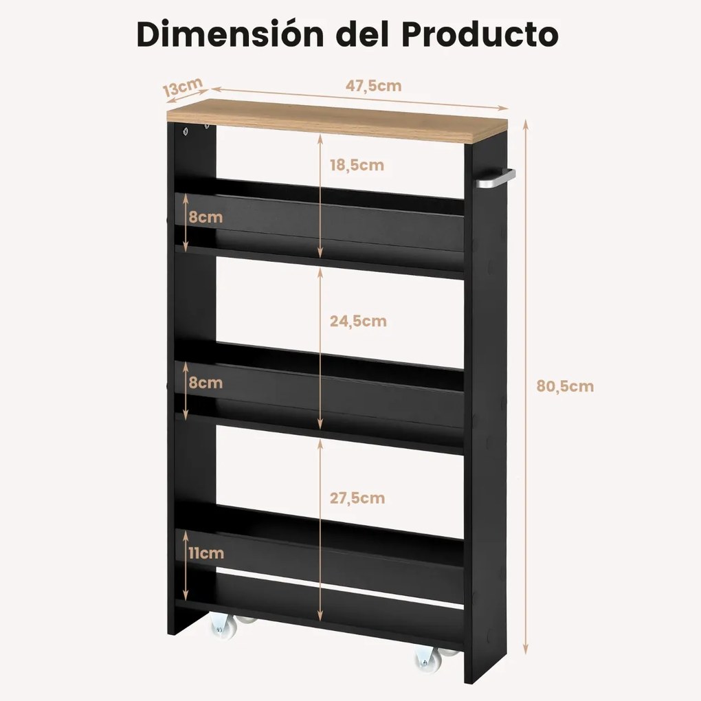 Carrinho de cozinha de arrumação estreito com 4 Estantes Rodas Organizador Móvel Economizador de Espaço para a Casa de Banho 48 x 13 x 81 cm Preto e N