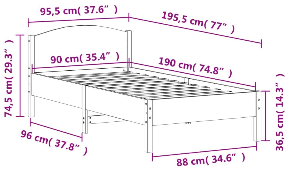 Estrutura de cama com cabeceira 90x190 cm pinho maciço