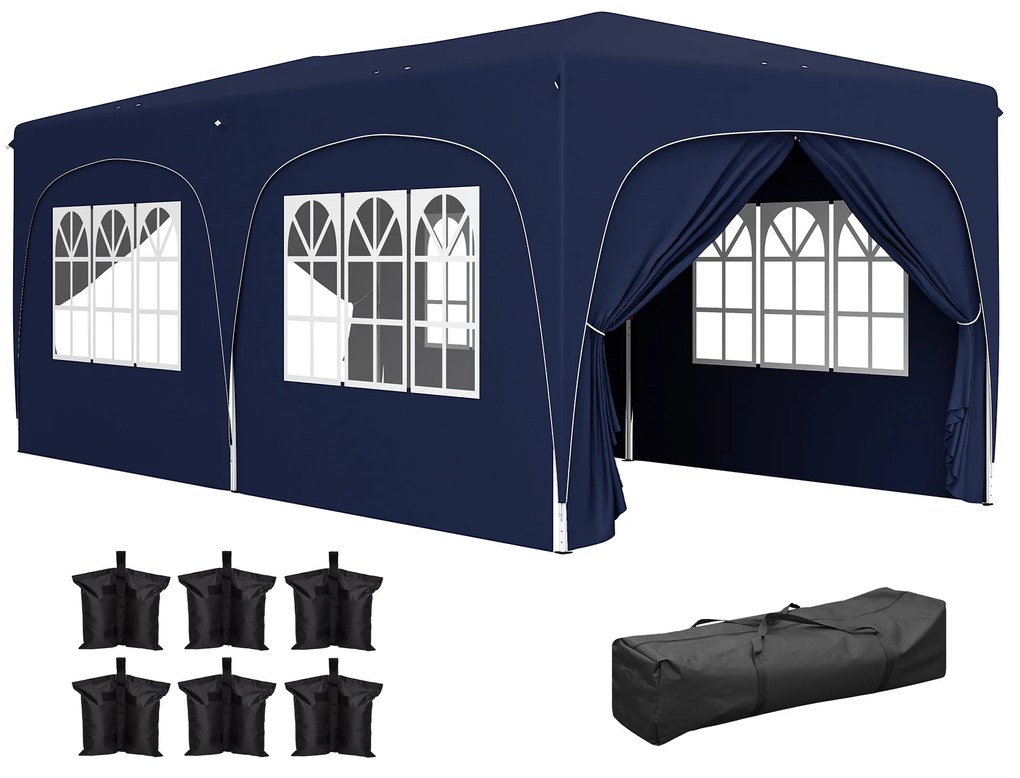 Tenda Dobrável 3x6 m com Painéis Laterais UPF50+ Tenda de Jardim com Altura Ajustável e Bolsa de Transporte Azul Escuro