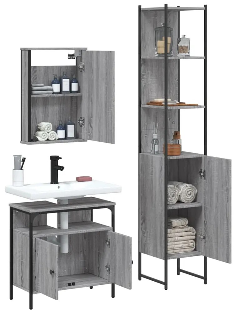 3 pcs Conjunto móveis casa de banho madeira proc. cinza sonoma