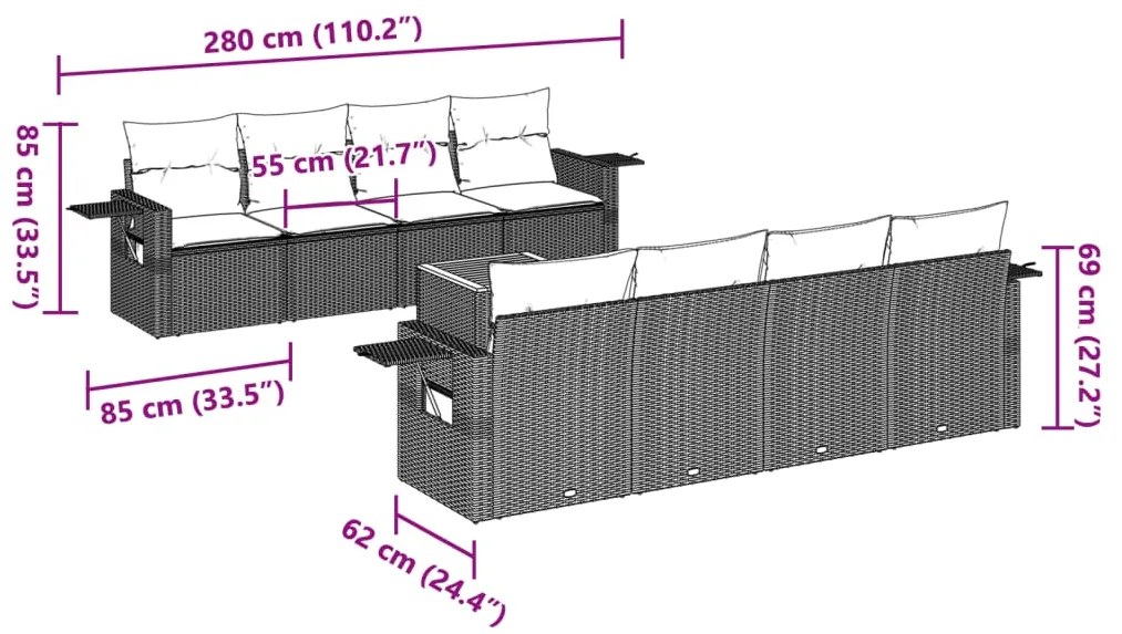 9 pcs conjunto sofás p/ jardim com almofadões vime PE cinzento
