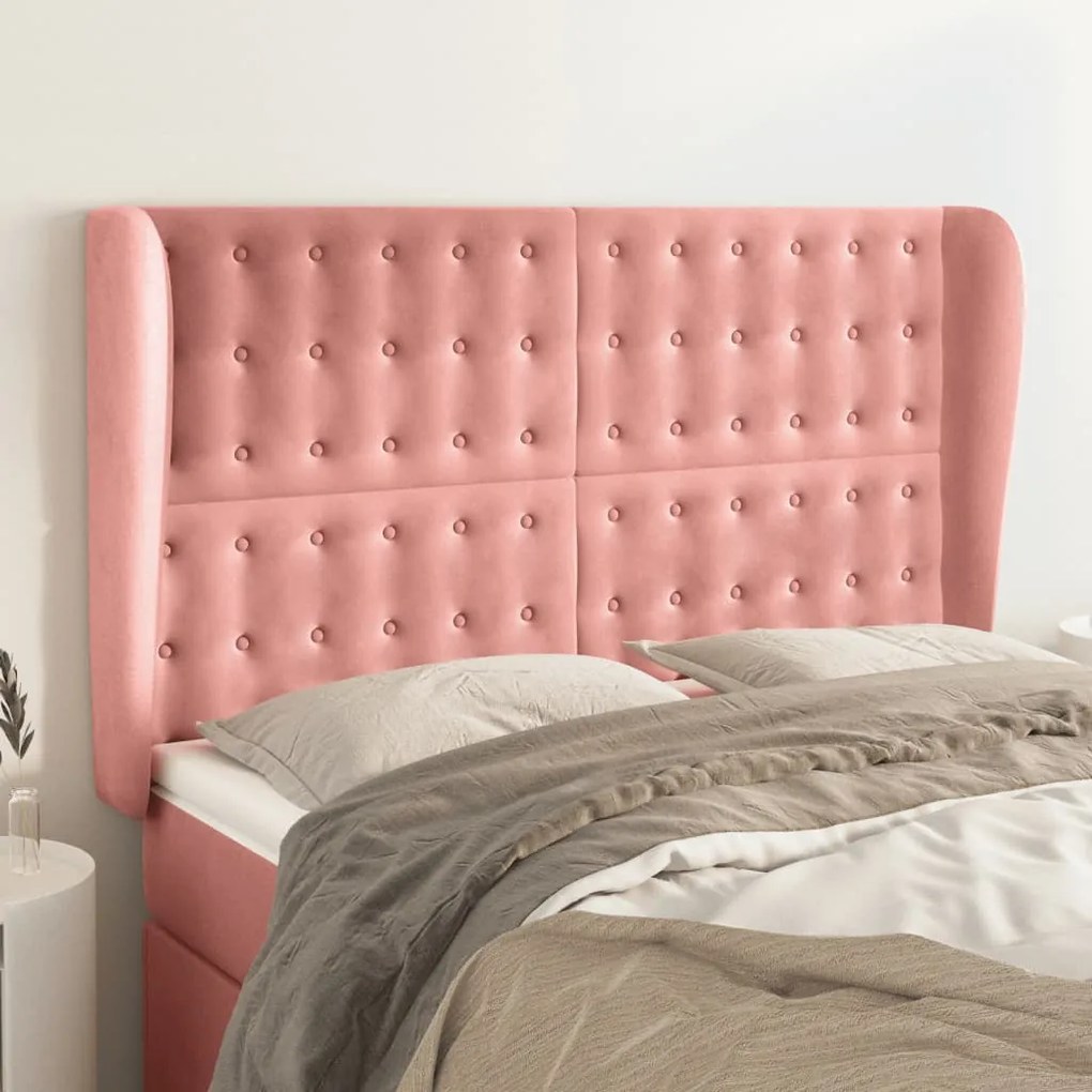 Cabeceira de cama c/ abas veludo 147x23x118/128 cm rosa