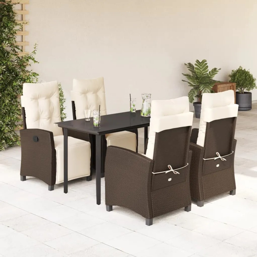 vidaXL 5 pcs conjunto jantar p/ jardim c/ almofadões vime PE castanho
