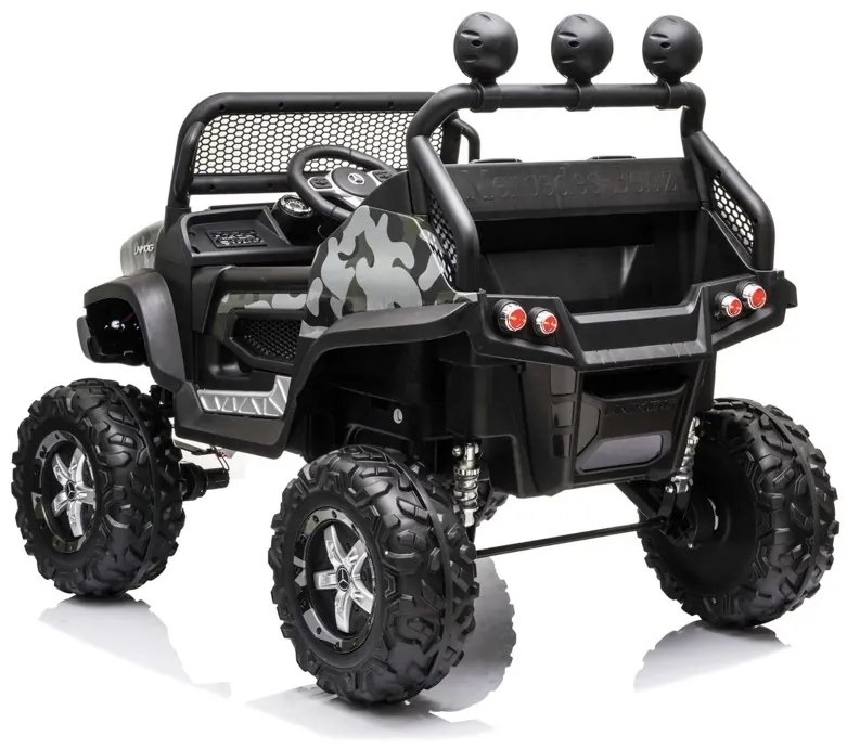Carro elétrico para crianças Mercedes Unimog 12v, pneus de borracha, assento de couro camuflado