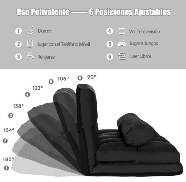 Sofá de chão ajustável Sofá-cama dobrável em 6 posições Revestimento removível em camurça com 2 almofadas Preto