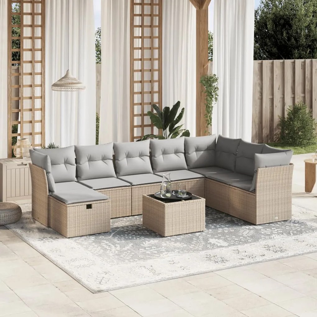 9 pcs conj. sofás jardim c/ almofadões vime PE bege misturado