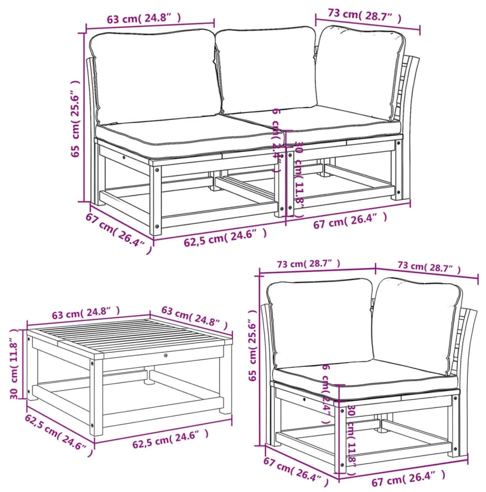 6 pcs conjunto lounge jardim c/almofadões madeira maciça acácia