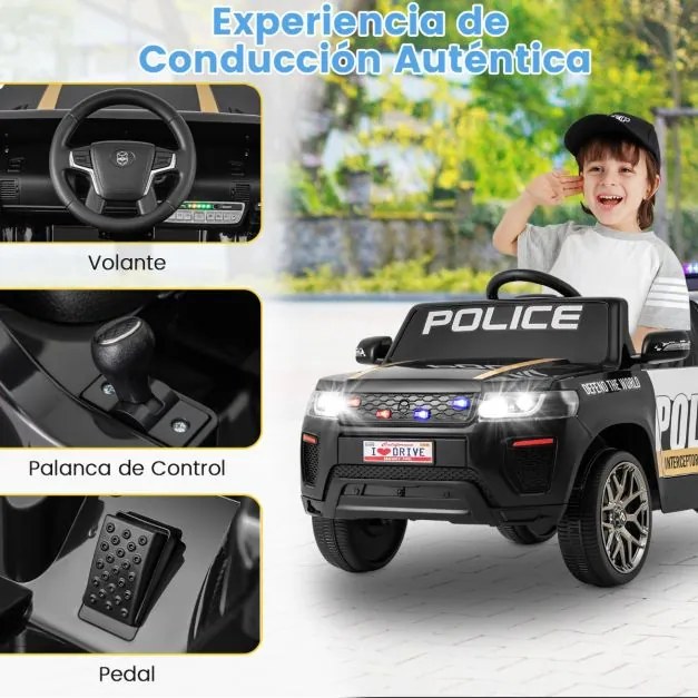 Carro de Polícia Carro Elétrico com Bateria de 12V 7A Controlo Remoto Ligação Sem Fios Música Sirene e Luz LED Intermitente Preto