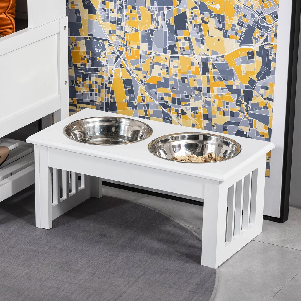 Comedouro elevados para cães e gatos, comedouro duplo, suporte elevado com dimensões 44 x 24 x 15 cm, inclui 2 comedouros de 0,9 L em aço inoxidável,