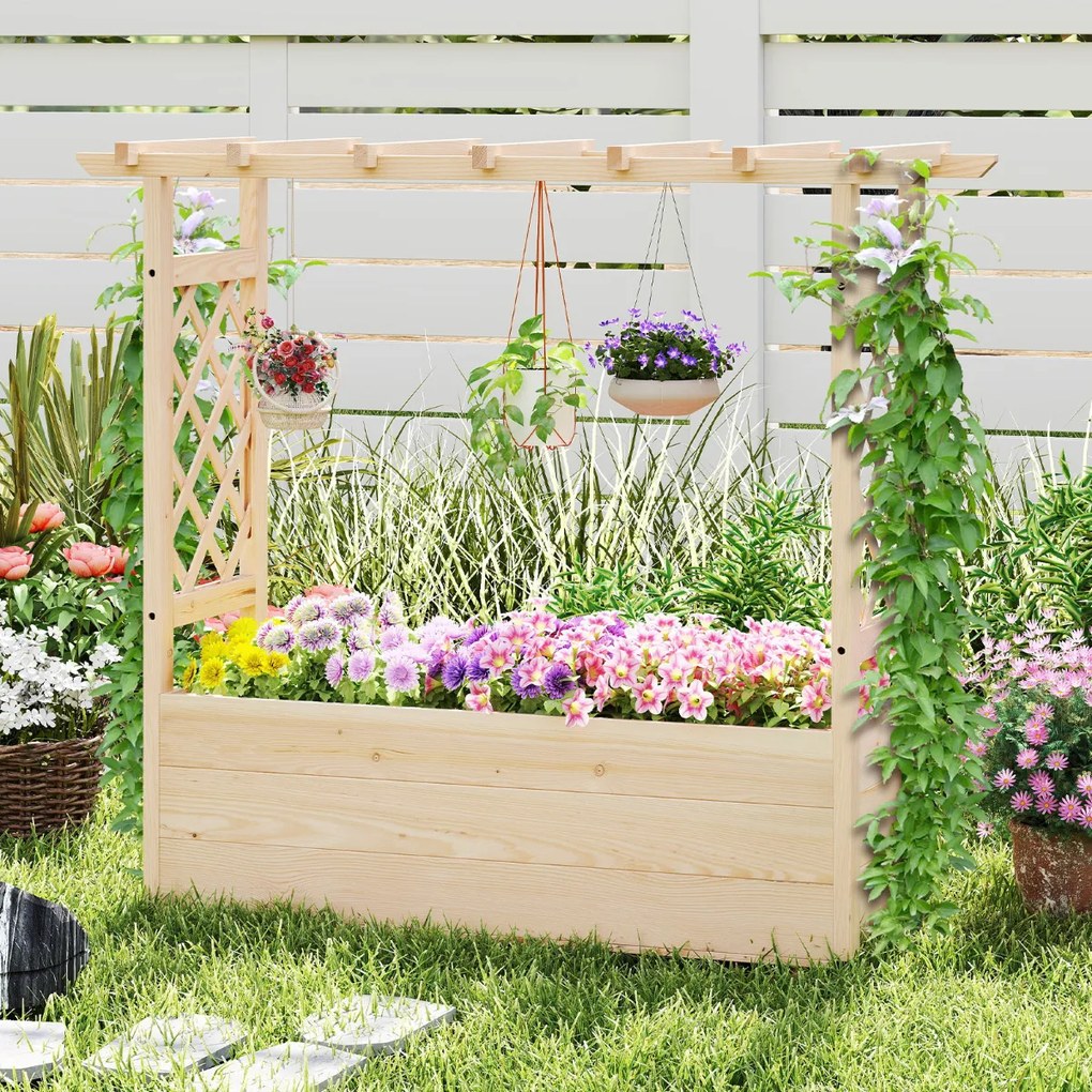 Floreira de jardim elevada com treliça, teto suspenso e drenagem de madeira para flores para pátio 118 x 40 x 103 cm Natural