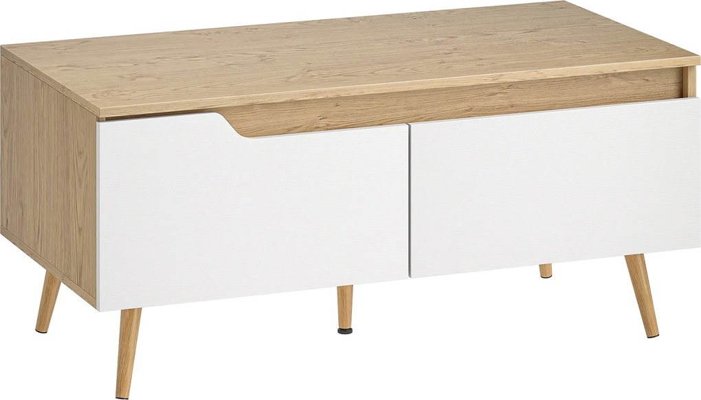 HOMCOM Mesa de Centro com 2 Gavetões e Pés de Madeira de Borracha 100x50x46 cm Carvalho | Aosom Portugal