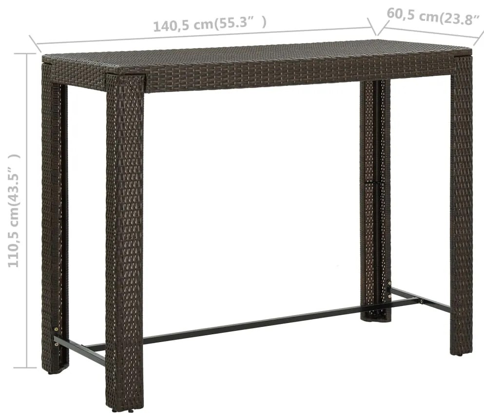Mesa de bar para jardim 140,5x60,5x110,5 cm vime PE castanho
