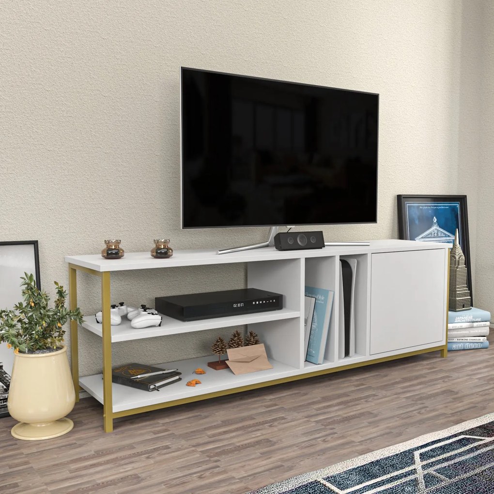 Móvel TV Oneida – Dourado e Branco – 140x35,3x50,8 cm