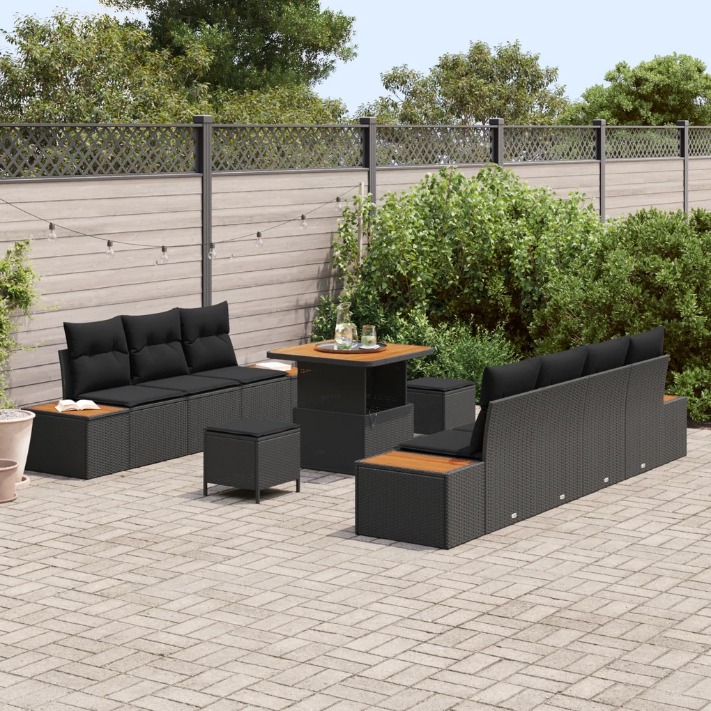 Conjunto de Sofás de Jardim de 10 Peças com Almofadas Preto Vime Poli