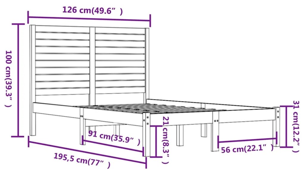 Estrutura de cama dupla pequena 4FT 120x190 cm madeira maciça