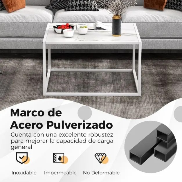 Mesa de centro quadrada moderna com estrutura de aço com tampo de mármore de imitação para sala de estar 70 x 70 x 40 cm Branca