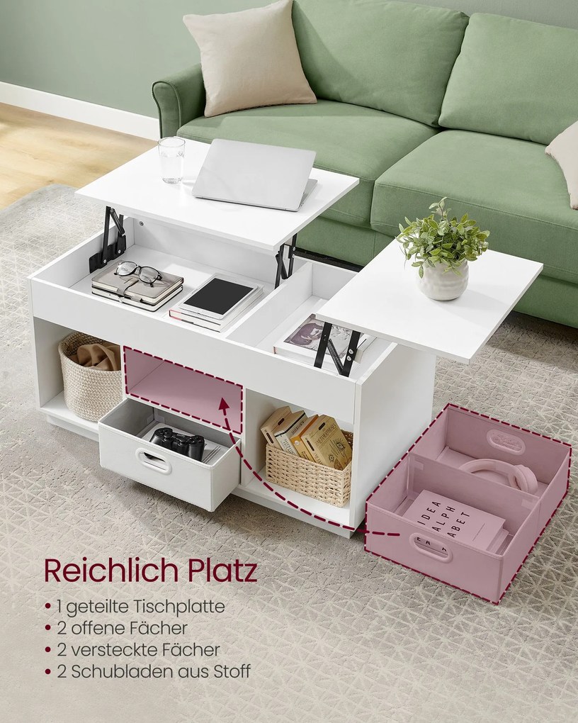 Mesa de centro com 2 gavetas e compartimentos 50 x 100 x 48 cm/62,3 cm Branca