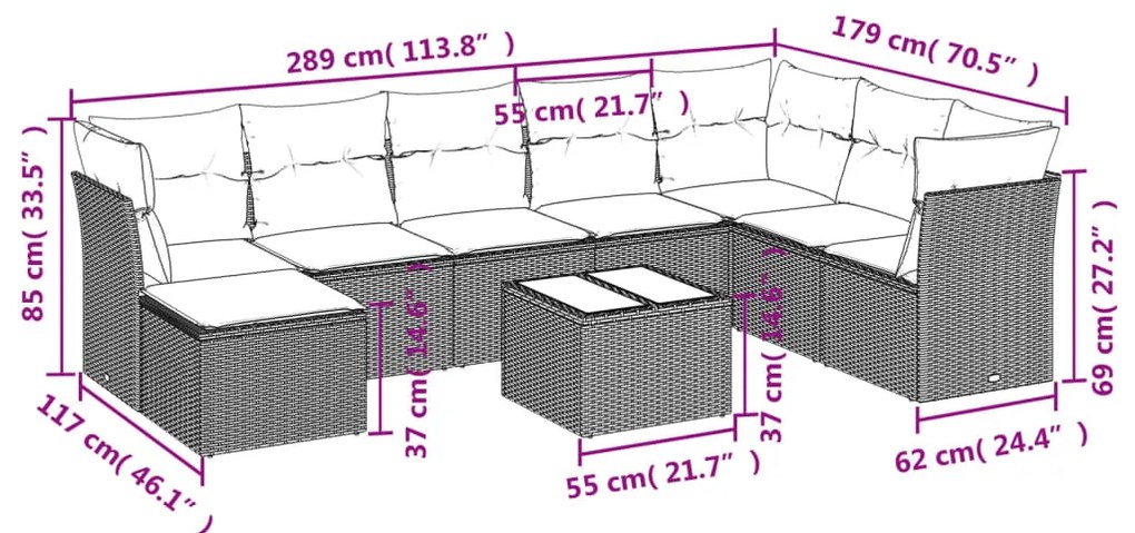 9 pcs conjunto de sofás p/ jardim c/ almofadões vime PE preto